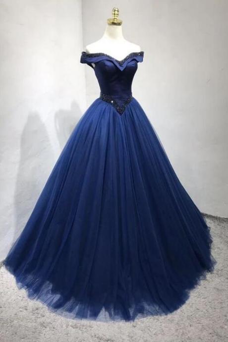 Off The Shoulder Navy Blue Long Prom/evening Dress