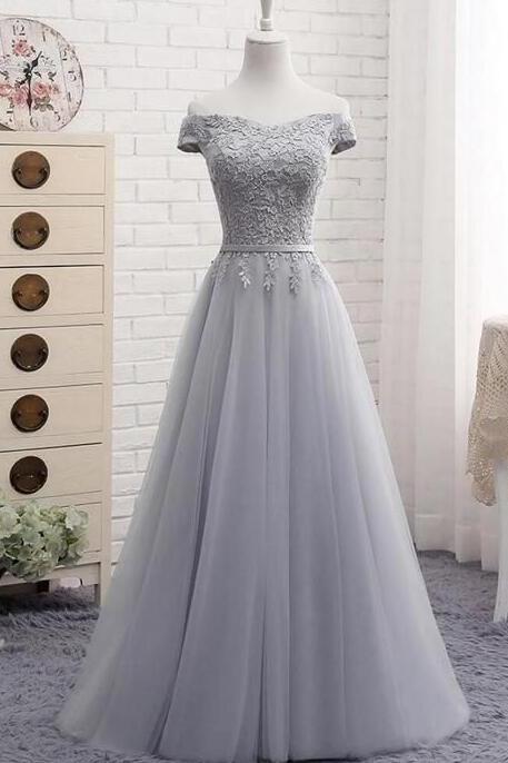 Off The Shoulder Gray Lace Tulle Lace-up Appliques