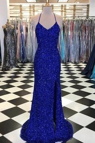 Sexy Sparkly Royal Blue Sequins Long Prom Dress