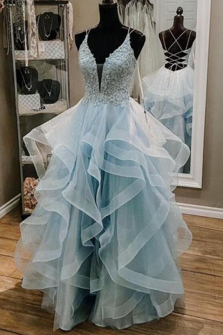 A-line Blue Lace Appliqued Long Prom Dress