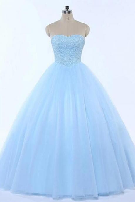 Sweetheart Baby Blue Tulle Long Ball Gown Prom Dress