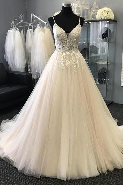 Mermaid Light Champagne Tulle Lace Long Prom Dress