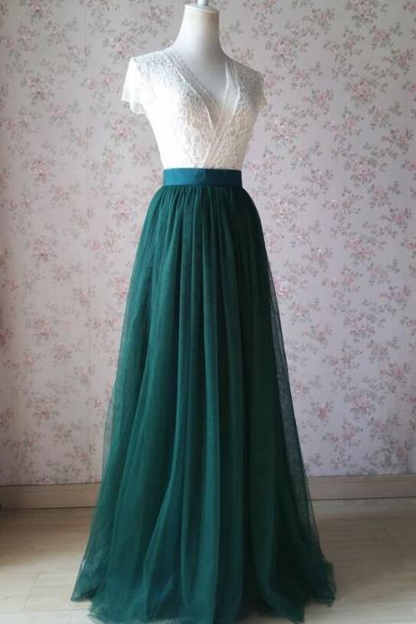 A Line Dark Green Tulle And White Lace Prom Dress