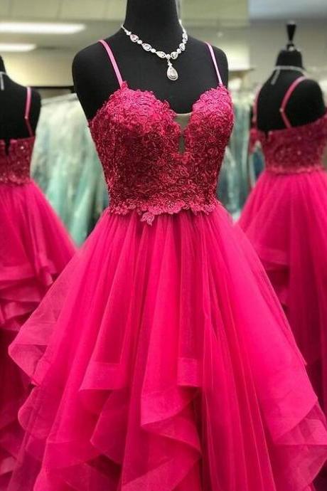Spaghetti Straps Pink Lace Tulle Prom Dress
