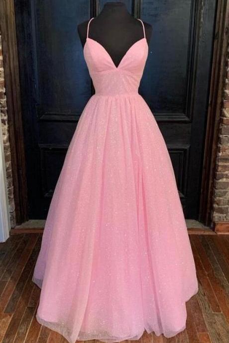 A Line Empire Pink Shiny Tulle Prom Dress