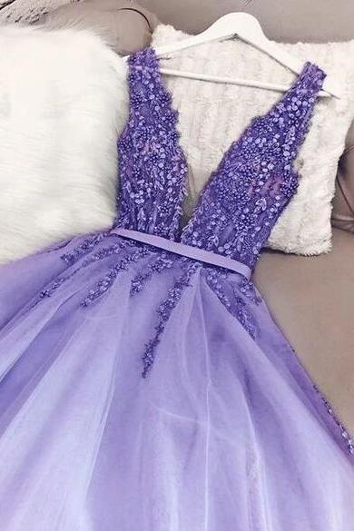 Elegant V Neck Lavender Tulle Sequin Prom Dresses