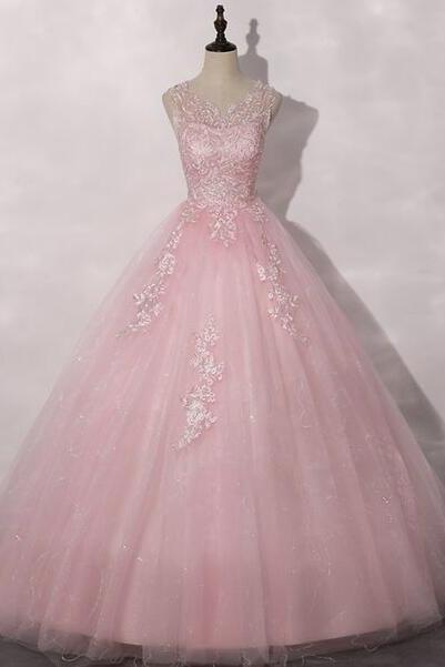 A Line Pink Evening Dress With Lace