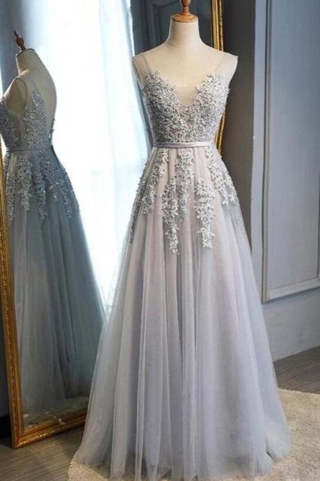 Charming Gray V Neck Long Prom Dress With Lace 