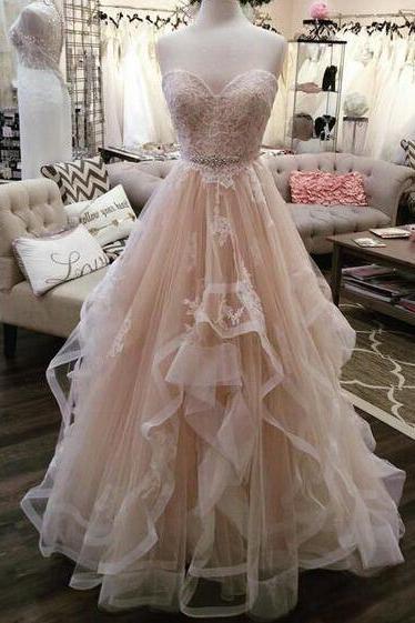 A Line Light pink tulle lace long prom dress