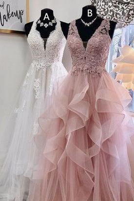 Charming Princess A-line White/Pink Long Tulle Prom Dress