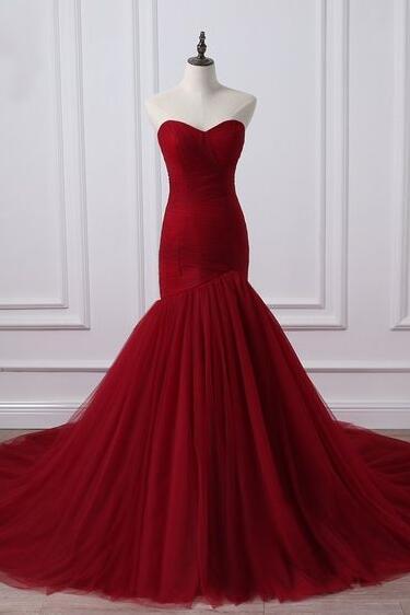 Mermaid Sweetheart Dark Red Tulle Prom Dress