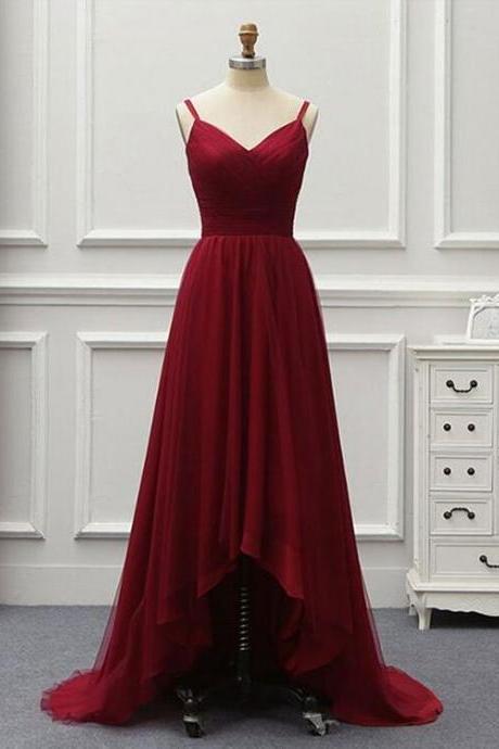 High Low Backless Burgundy Long Prom Dresses