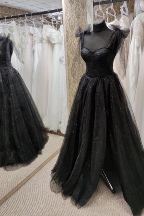 A Line Sleeveless Black Tulle Evening Dress