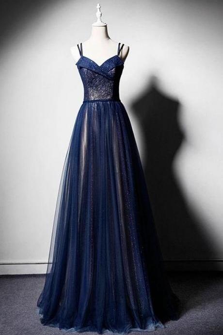 Dark Blue Tulle Long Prom Dress