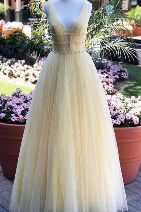 A Line Yellow Sparkly Prom Dresses