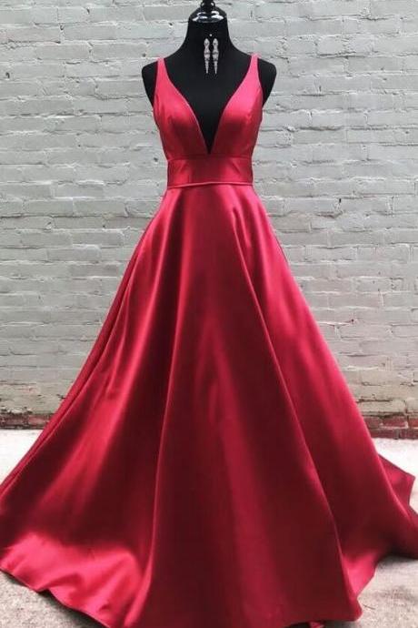 Simple v neck burgundy satin prom dress