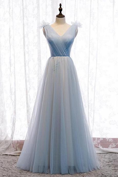 A Line Blue v neck tulle long prom dress