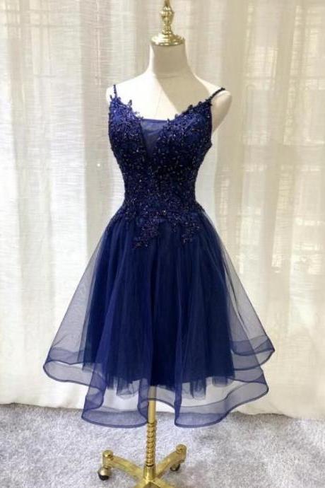 A Line Navy Blue Tulle Short Homecoming Dress