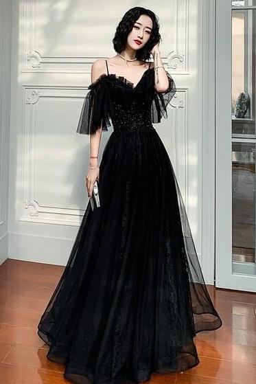 A Line Black tulle lace long prom dress 