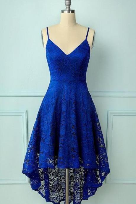 High low Royal Blue Lace Homecoming Dress