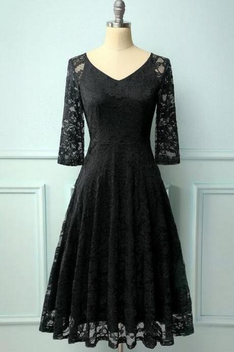A Line Midi Long Sleeves Lace Prom Dress