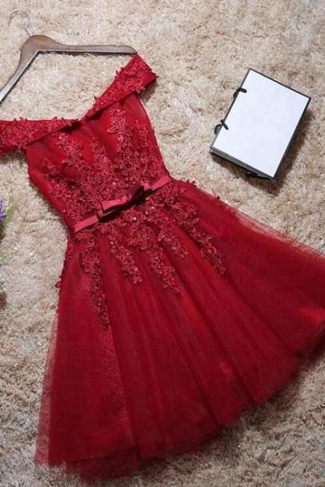 Off Shoulder Dark Red Lace Homecoming Dress