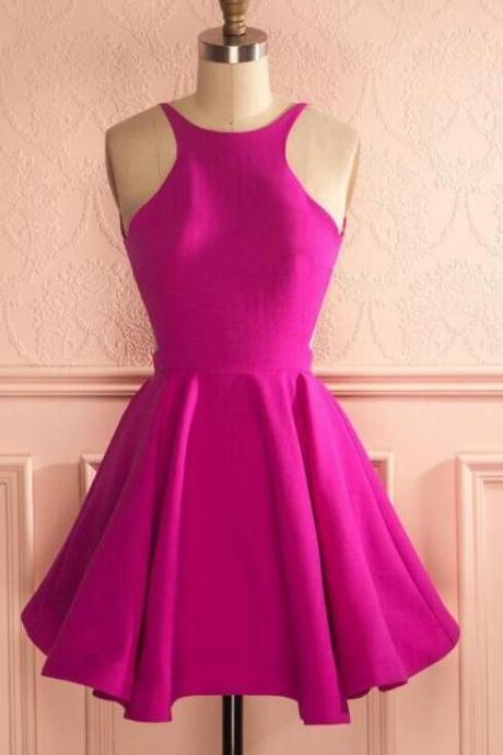 A Line Fuchsia Satin Backless Short Pleated Homecoming Dresses