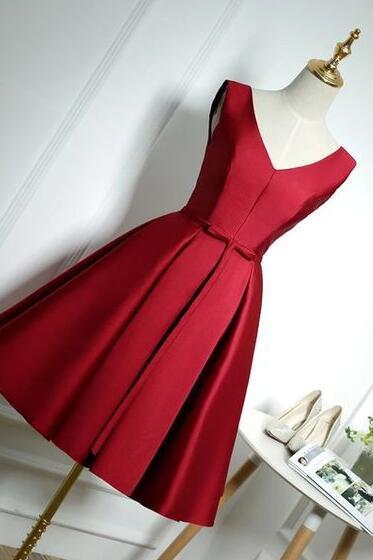 Lovely V Neck Wine Red Satin Homecoming Dress