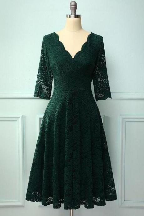 A Line Green V Neck Lace Homecoming Dress With 3/4 Sleeves
