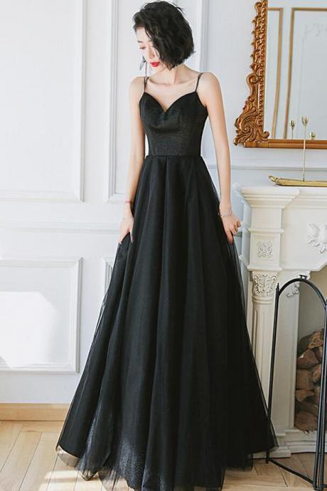 A Line Black Tulle Prom Dresses