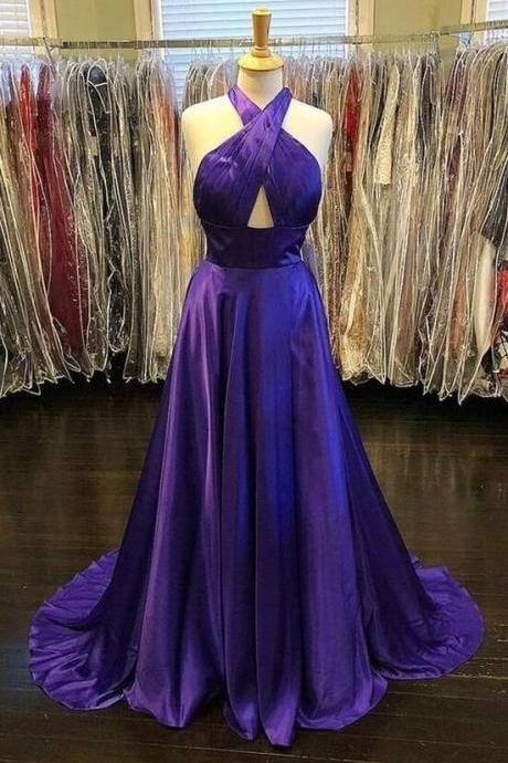Simple Backless Purple Satin Long Prom Dress