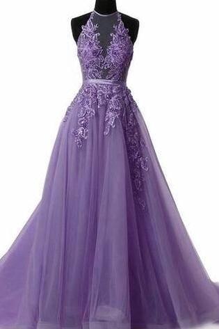 Charming Purple Halter Lace Prom Dress With Sweep Train