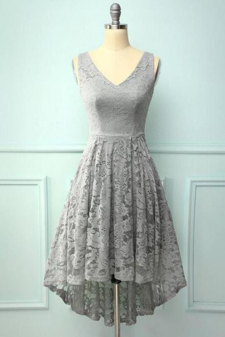 Grey Lace Asymmetrical Prom Dress