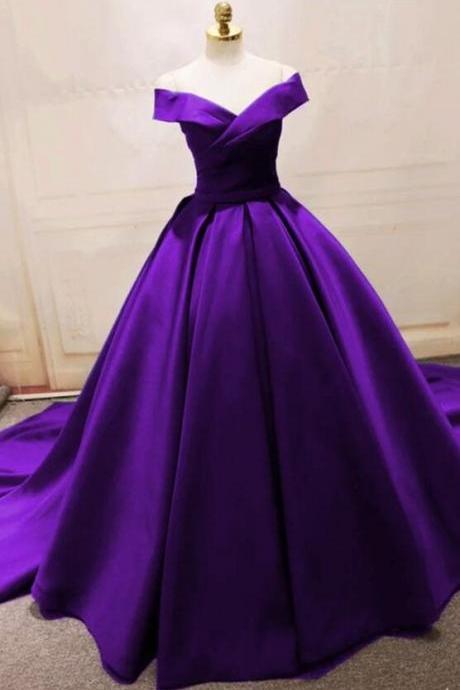 Off The Shoulder Purple Satin V-neck Prom Dresses