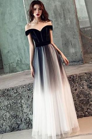 A Line Black V Neck Tulle Top Velvet Long Prom Dress