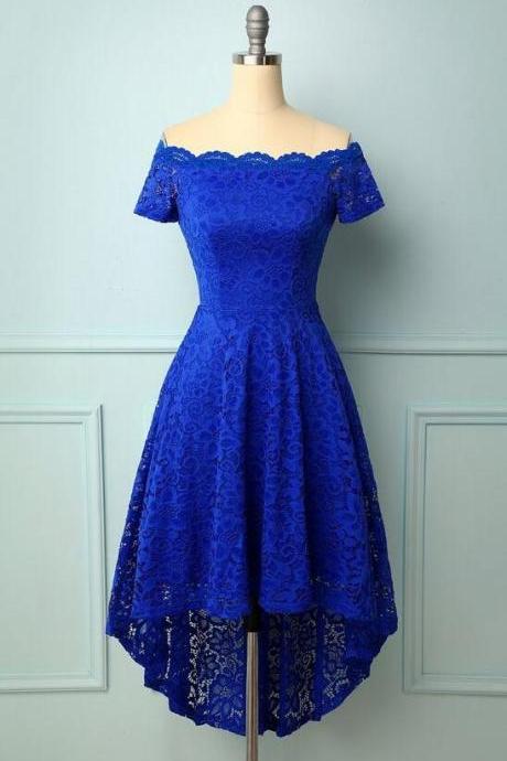 Off Shoulder Asymmetrical Royal Blue Lace Dress