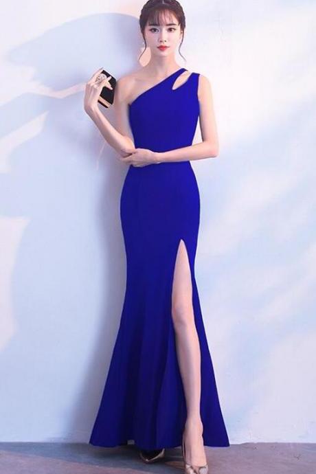 One Shoulder Royal Blue Mermaid Prom Dress With Slit