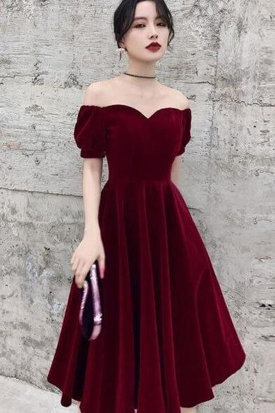 Off Shoulder Wine Red Short Velvet Prom Dresses