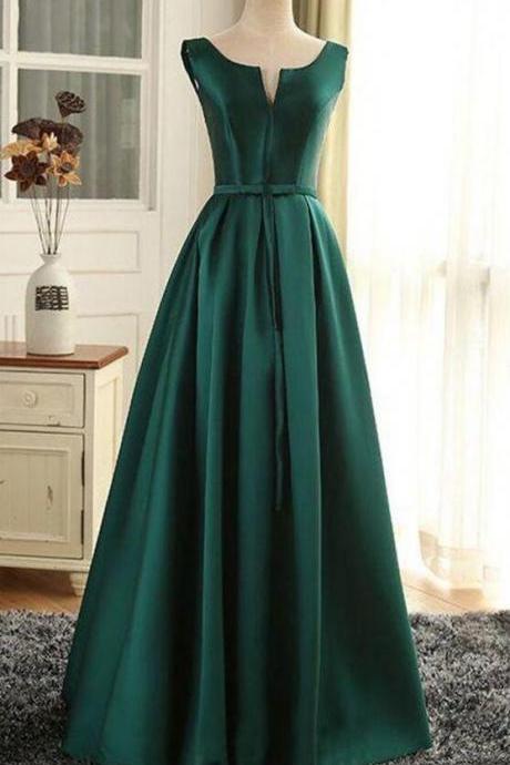 Elegant Dark Green Sleeveless Long Satin Prom Dresses