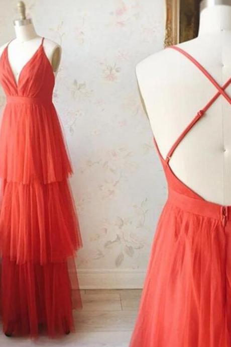 Aline V Neck Orange Red Backless Tulle Prom Dresses