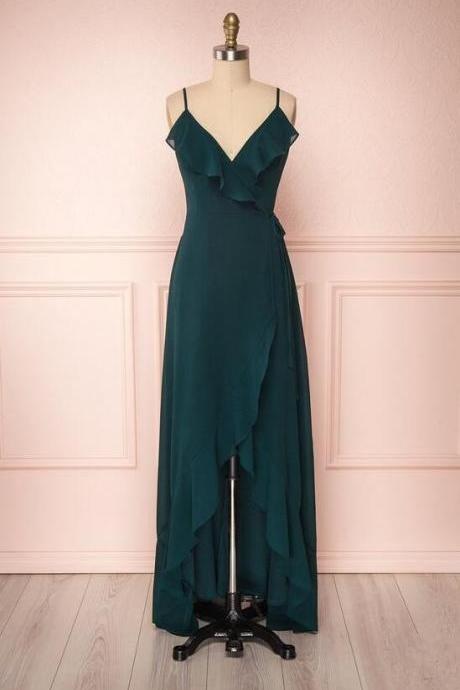 A Line Green Ruffle Asymmetrical Chiffon Formal Dress