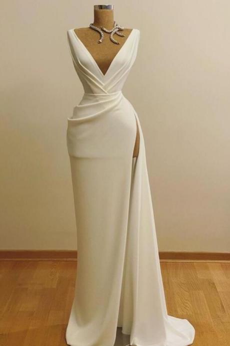 A Line V Neck Long Prom Dresses With Slit Side