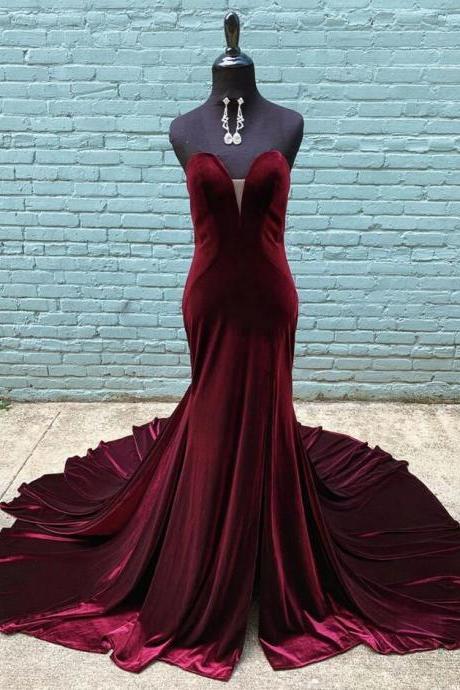 Mermaid Burgundy Velvet Sweetheart Long Prom Dress