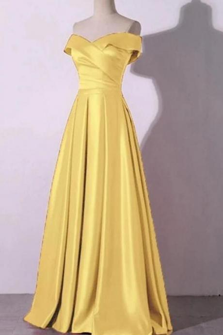 Off The Shoulder Yellow Satin Long Prom Dresses