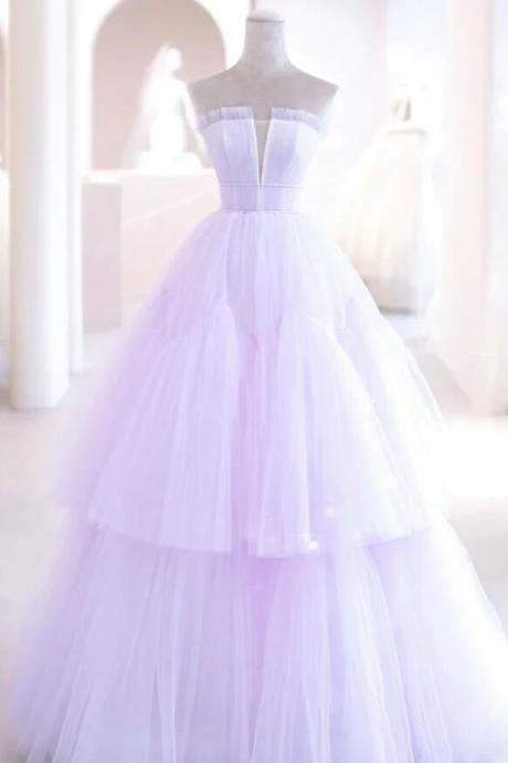 A Line Purple Tulle Long Prom Dress