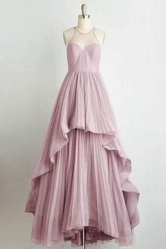 A Line Sleevceless Layered Pink Tulle Prom Dress