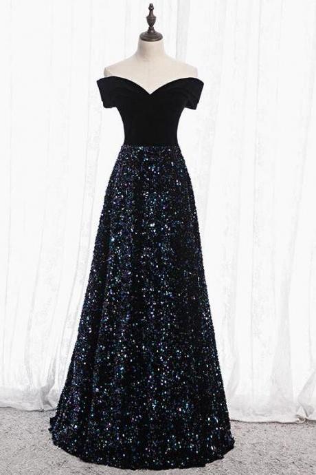 Off The Shoulder Black Velvet Sequins Prom Dresses