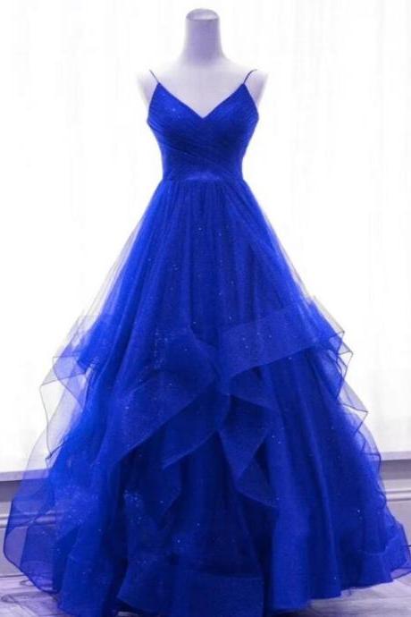 Spaghetti Straps Royal Blue Shiny Tulle V-neckline Long Party Dress