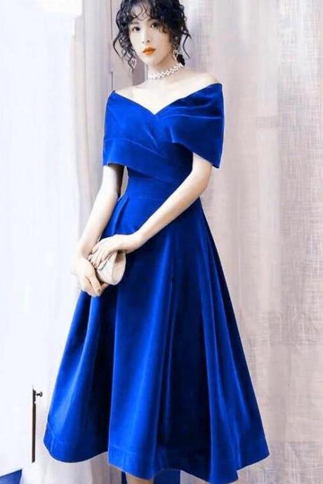 Cute Royal Blue Velvet Off Shoulder Prom Dresses