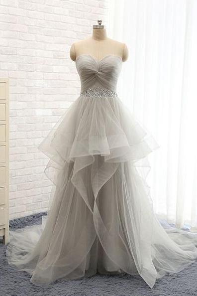 Grey A-line Sweetheart Tulle Prom Dresses